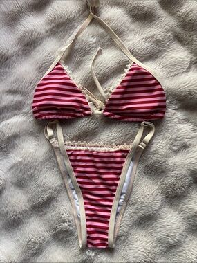 Hollister Pink & Red Striped Lace-Trim Triangle Bikini